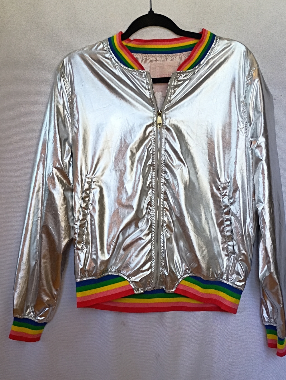 ban.do Silver Metallic Bomber Jacket with Rainbow Ribbing
